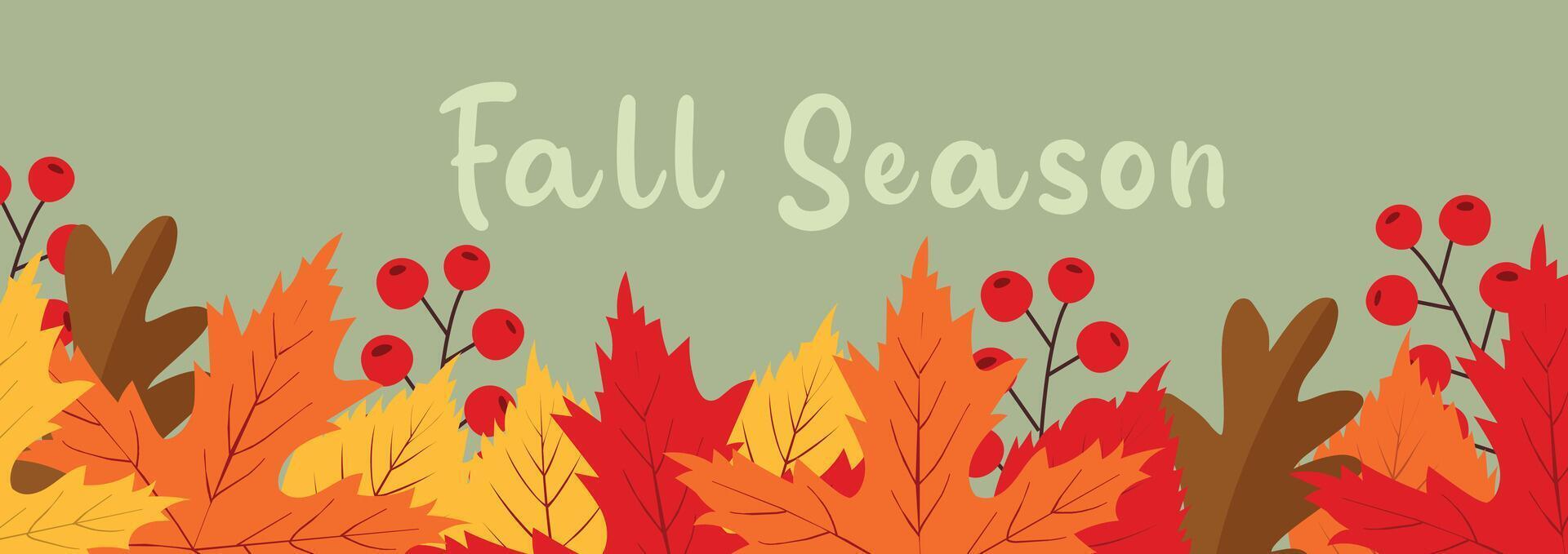 Autumn leaves and berries with fall season text on a green background for seasonal decoration. Fall season. Autumn cute cozy design elements vector