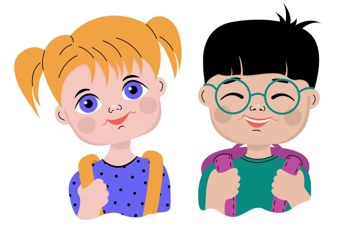 A boy and a girl going to elementary or middle school. Portrait of a children with backpacks vector