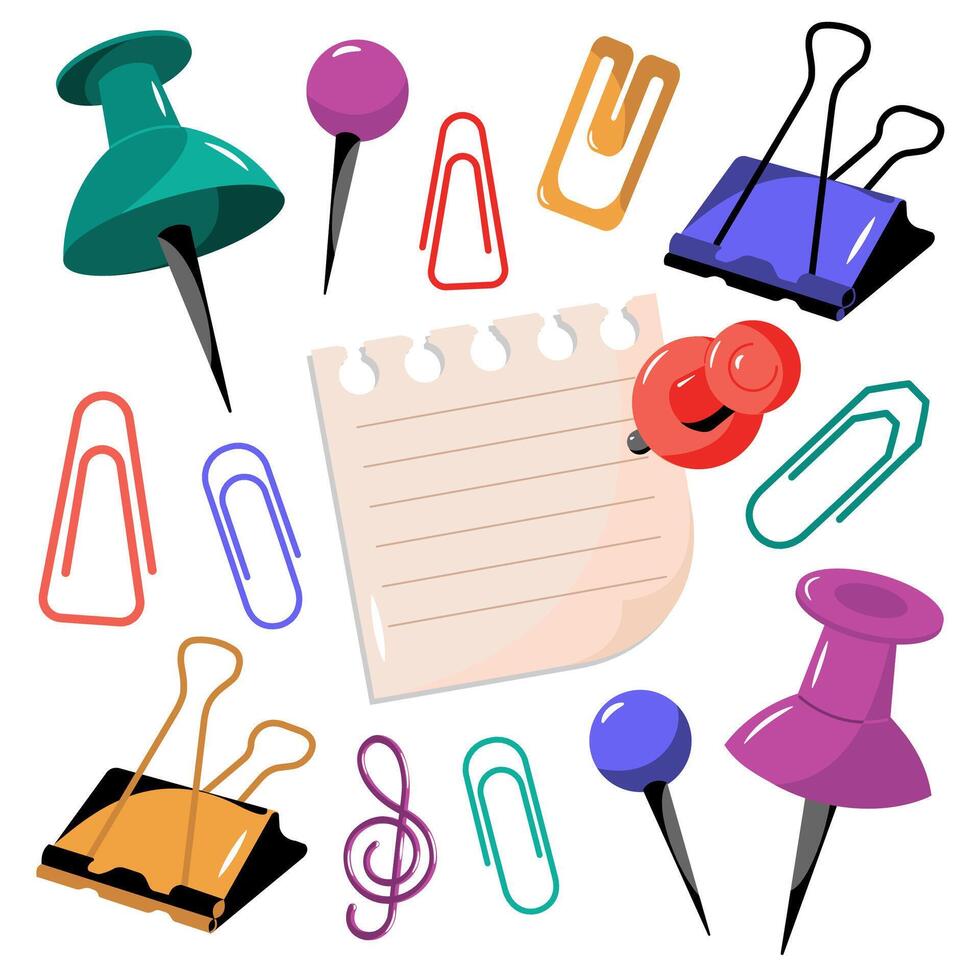 Stationery. Pins, paper clips, pushers. The paper is secured with a pin. vector