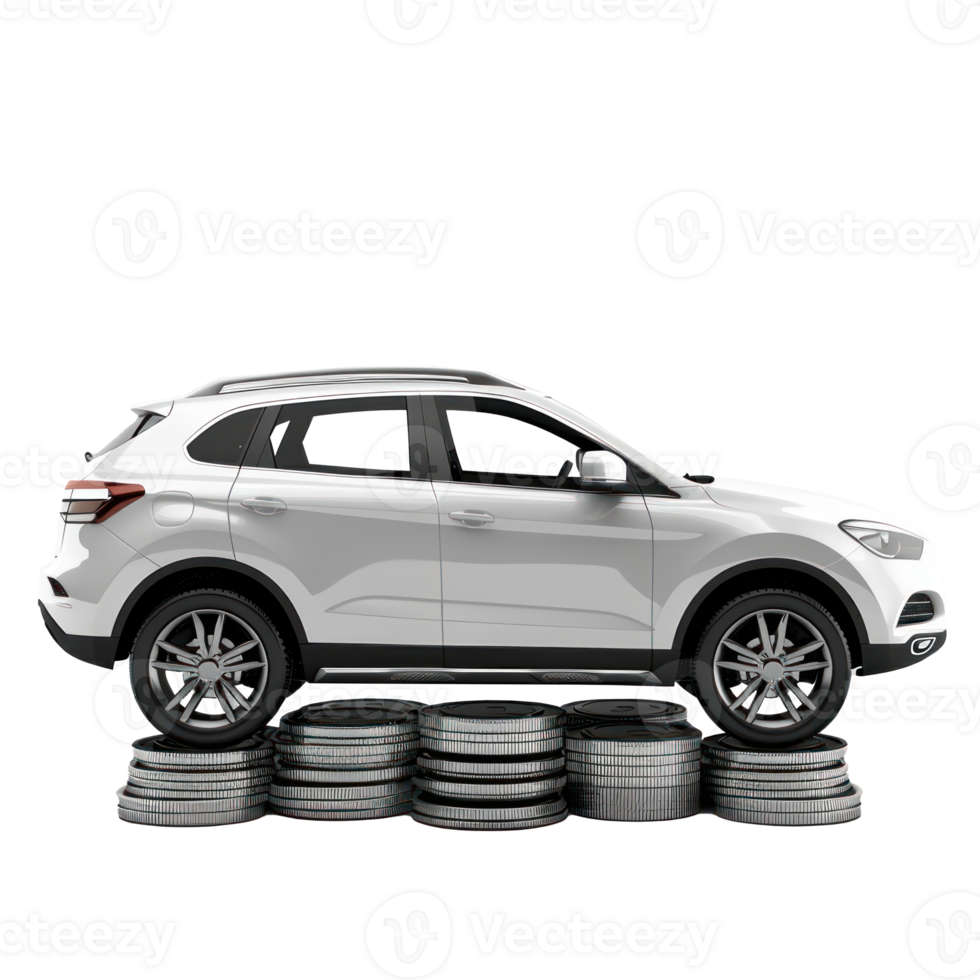 car model on top of coins on transparent background png