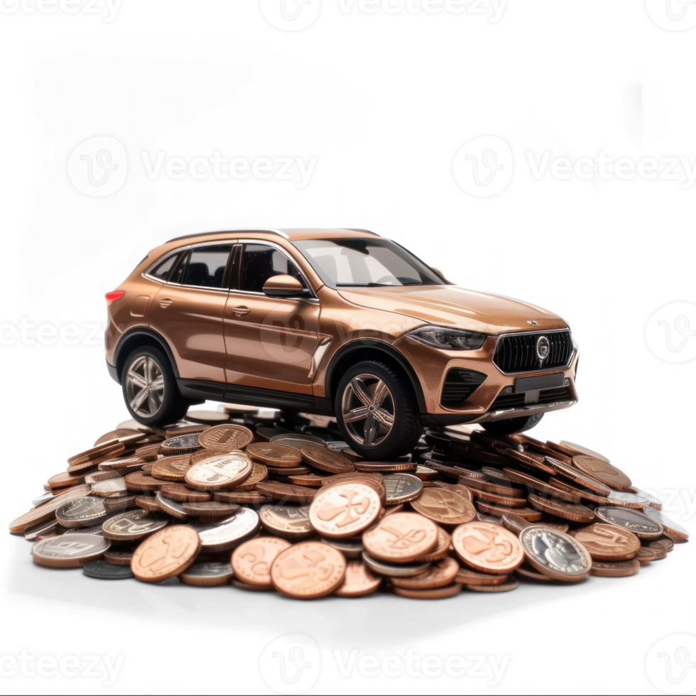 car model on top of coins on transparent background png