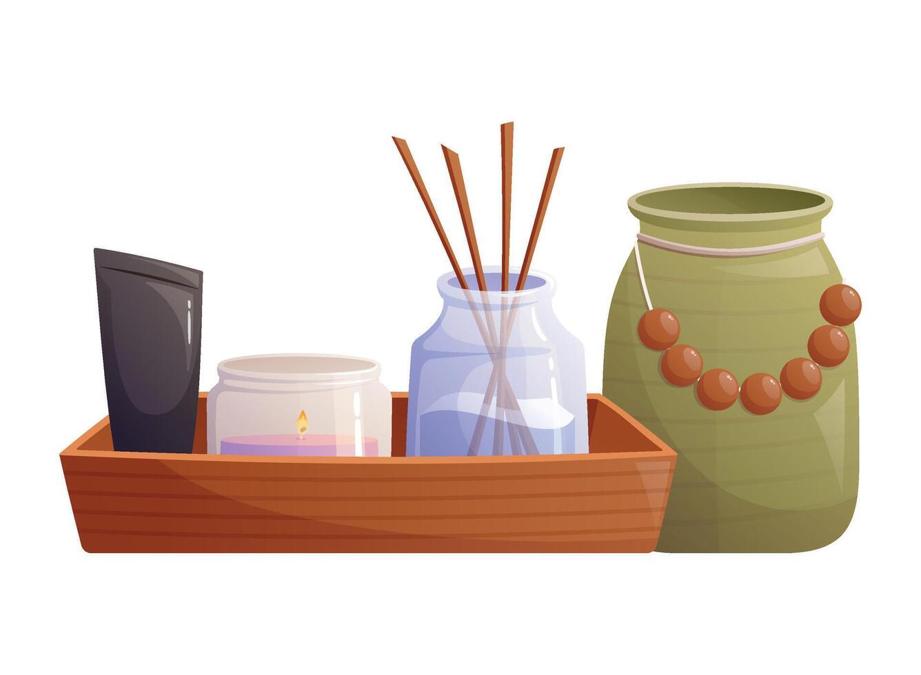 Decorative wooden tray with aroma diffuser, candle and tube of cream, vase or jug. isolated cartoon illustration, bathroom decor interior. vector