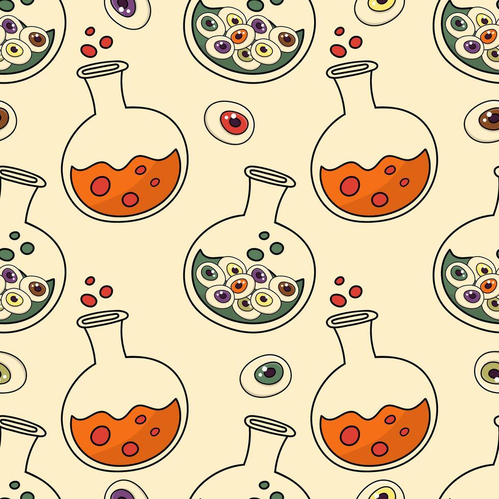 Halloween Seamless Potion Patterns In Flasks With Eyes For Background, Scrapbooking And Digital Paper vector