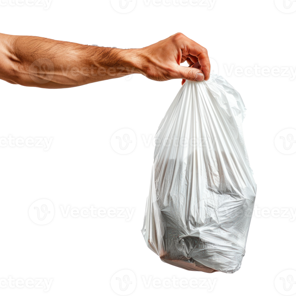 hand holding a plastic bag with garbage on it on transparent background png