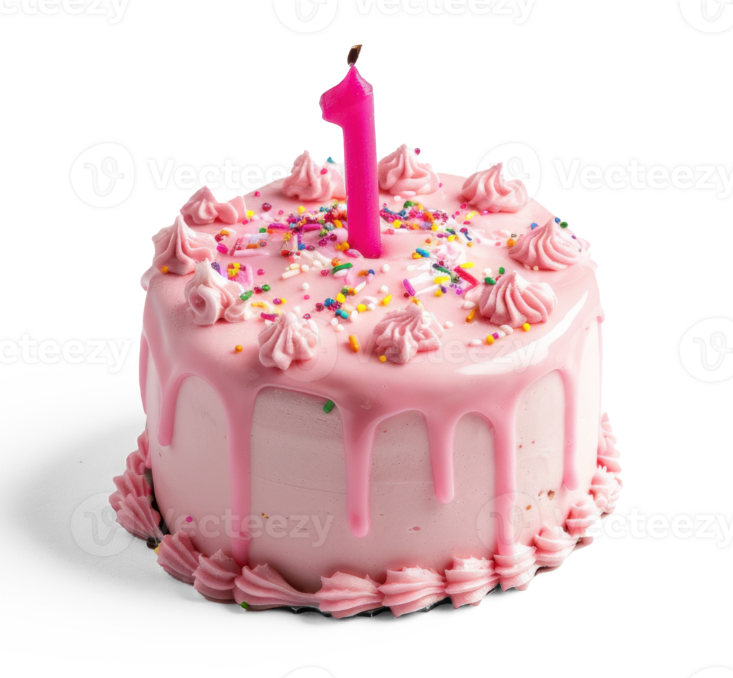 birthday cake with pink icing and one candle png