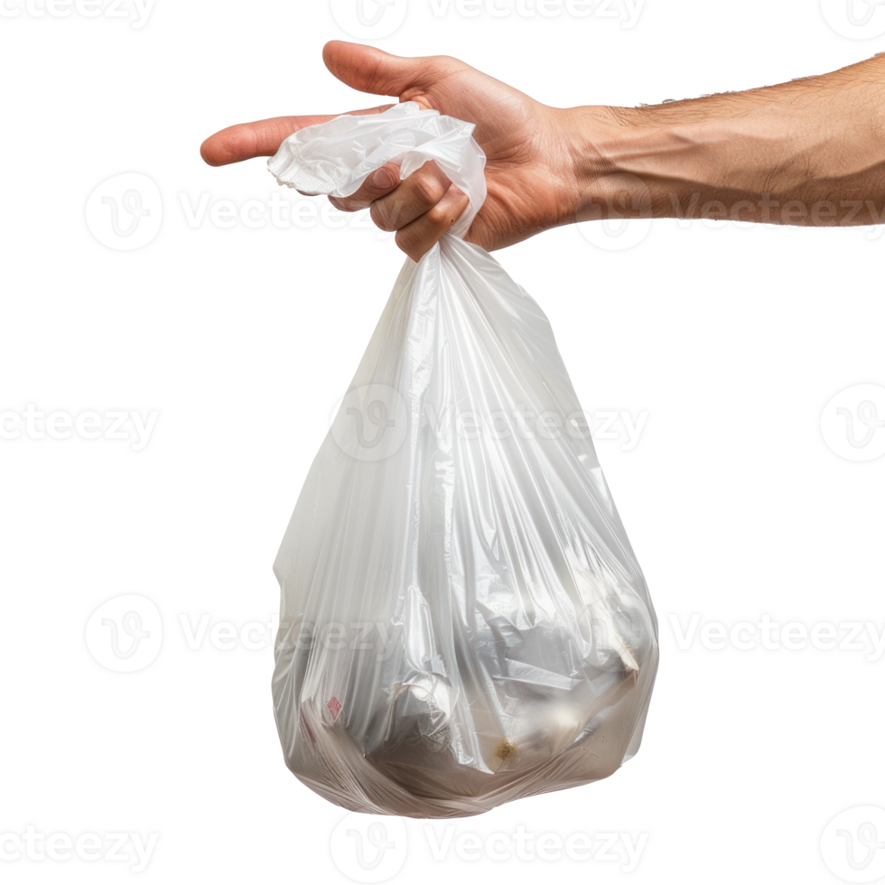 hand holding a plastic bag with garbage on it on transparent background png
