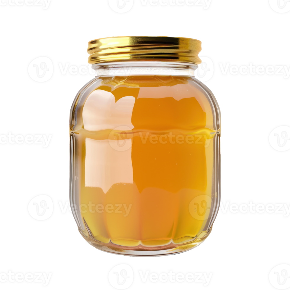 a glass jar with honey on a transparent background png