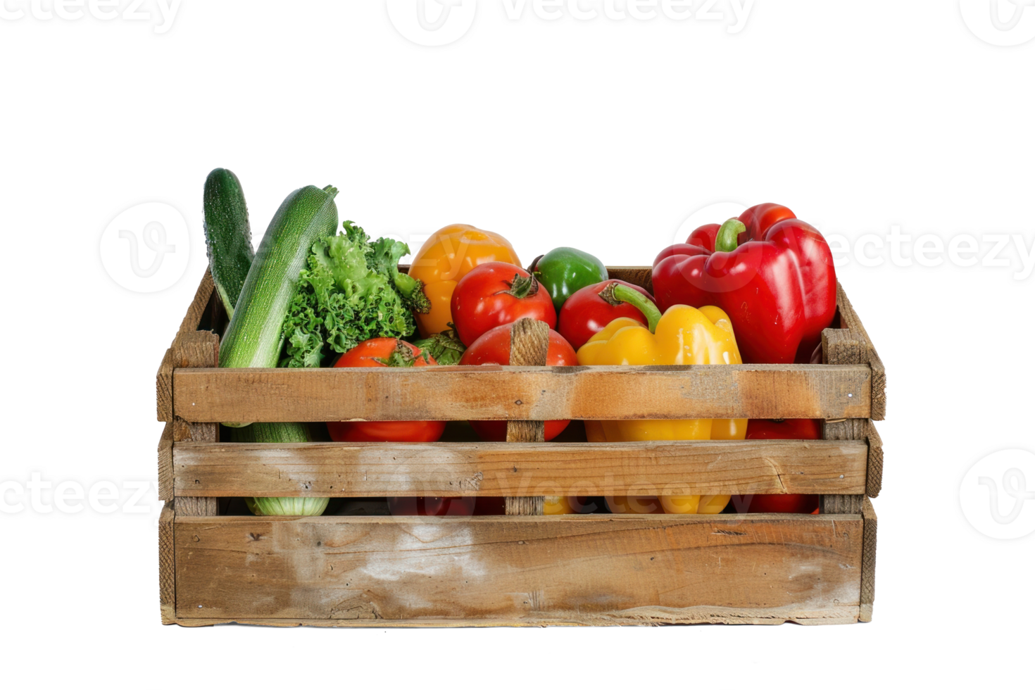 fresh vegetables in a wooden crate on transparent background png