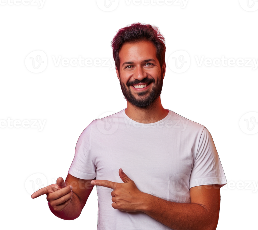 Mature man with a beard, wearing braces, gesturing with his hands. isolated on transparent background cutout png