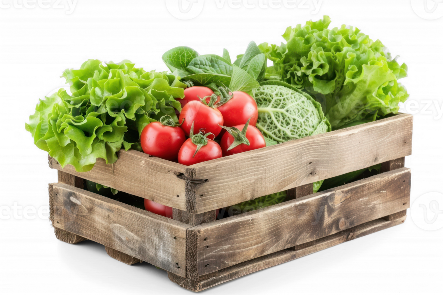 a wooden crate full of fresh vegetables on transparent background png