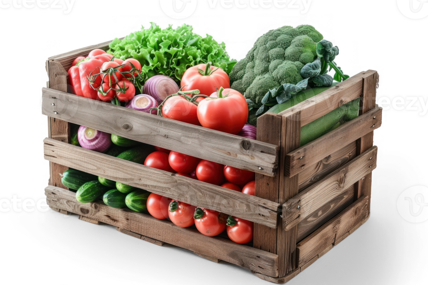 a wooden crate full of fresh vegetables on transparent background png