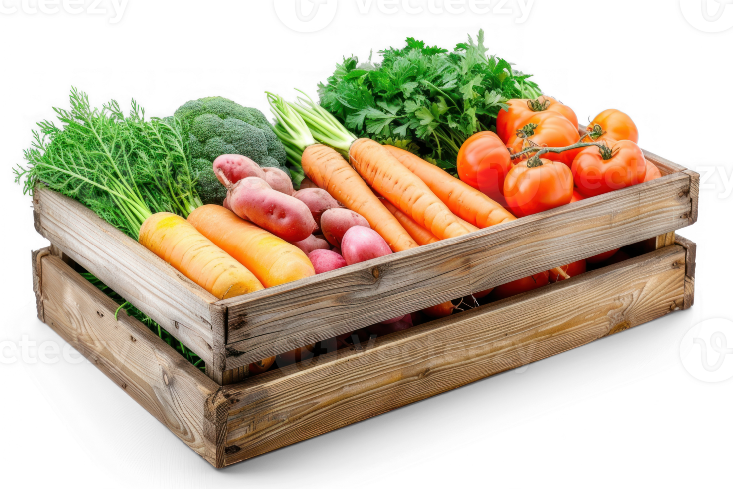 a wooden crate full of fresh vegetables on transparent background png
