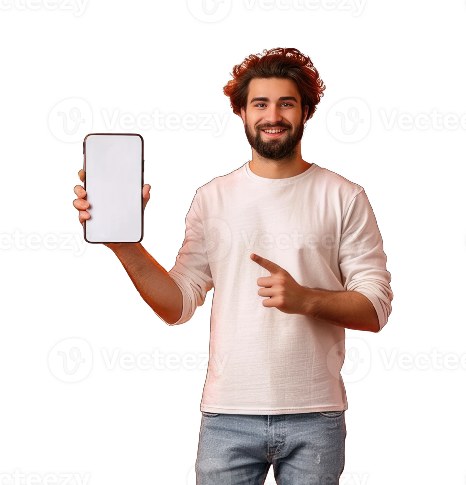 Young male man holding smart phone advertisement white screen isolated on transparent background cutout png