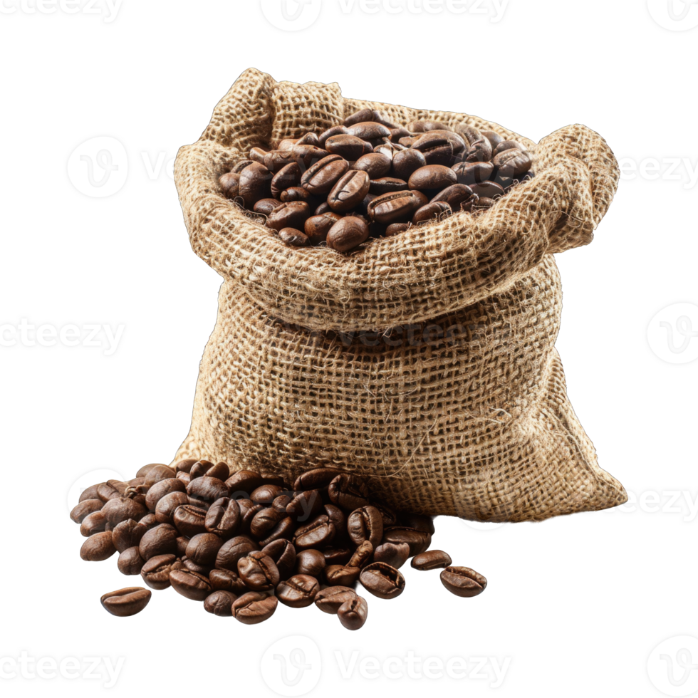 Coffee beans stock with sack bag isolated on transparent background cutout png