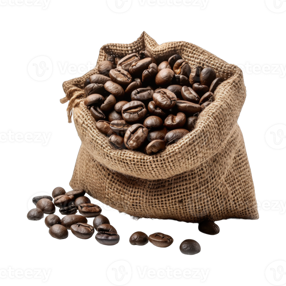 Coffee seeds with sack isolated on transparent background cutout png