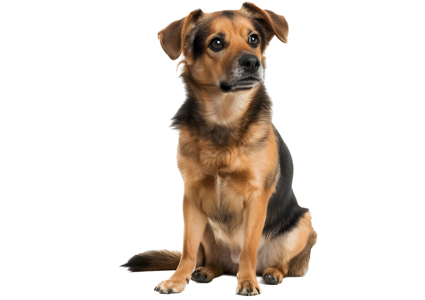 Cute Mixed Breed Dog Sitting and Looking Up. Isolated on transparent background png