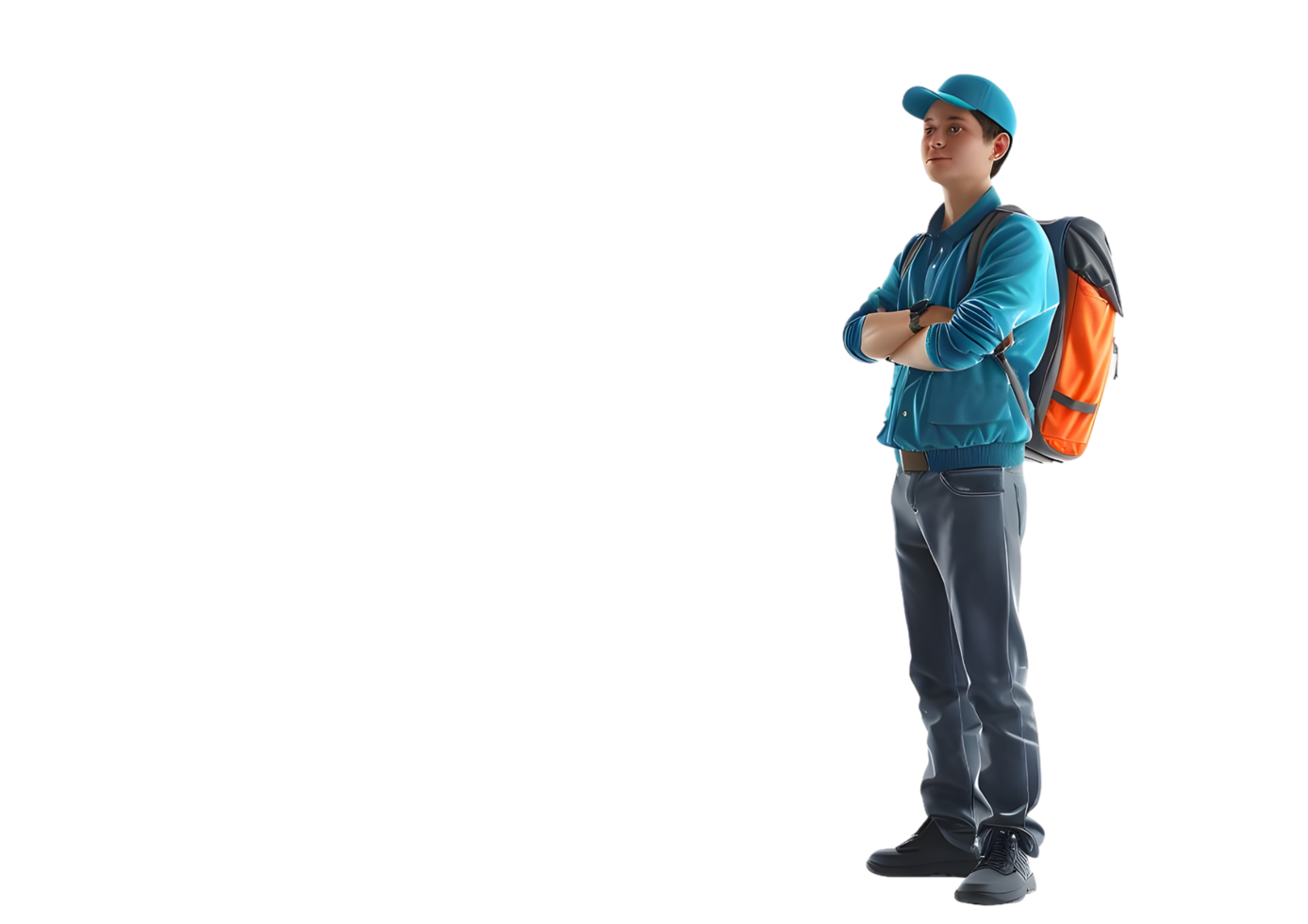 Delivery man with arms crossed and a backpack. Isolated on transparent background png