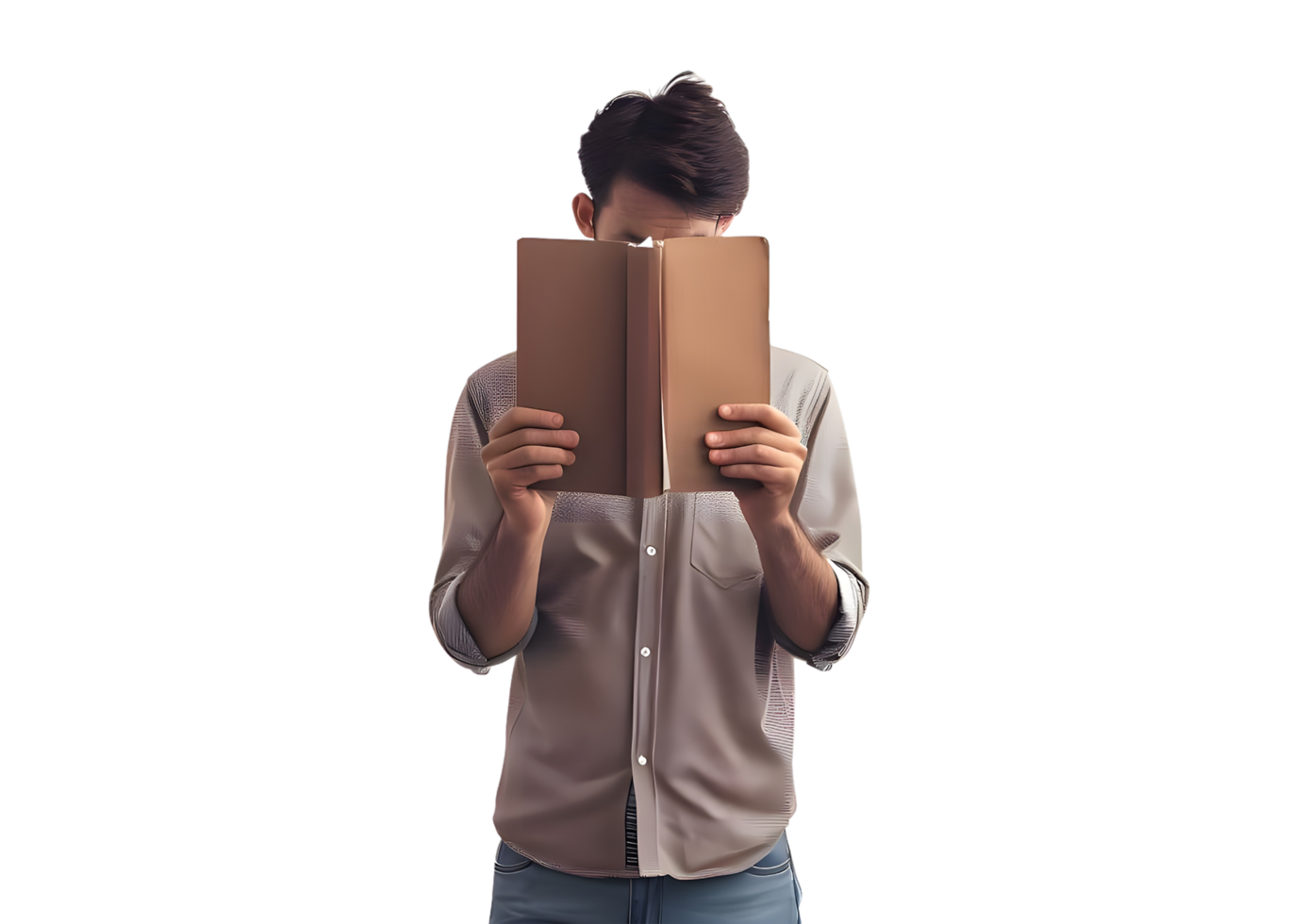 Man reading book, hidden face. Isolated on transparent background png