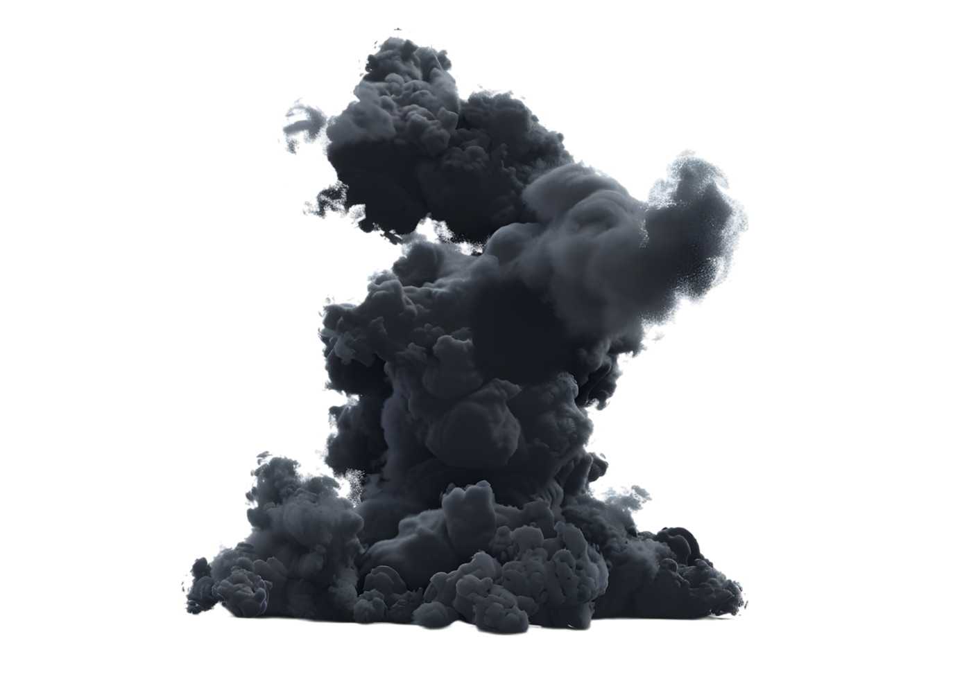 Abstract dark grey smoke plume on white background. isolated on transparent background png