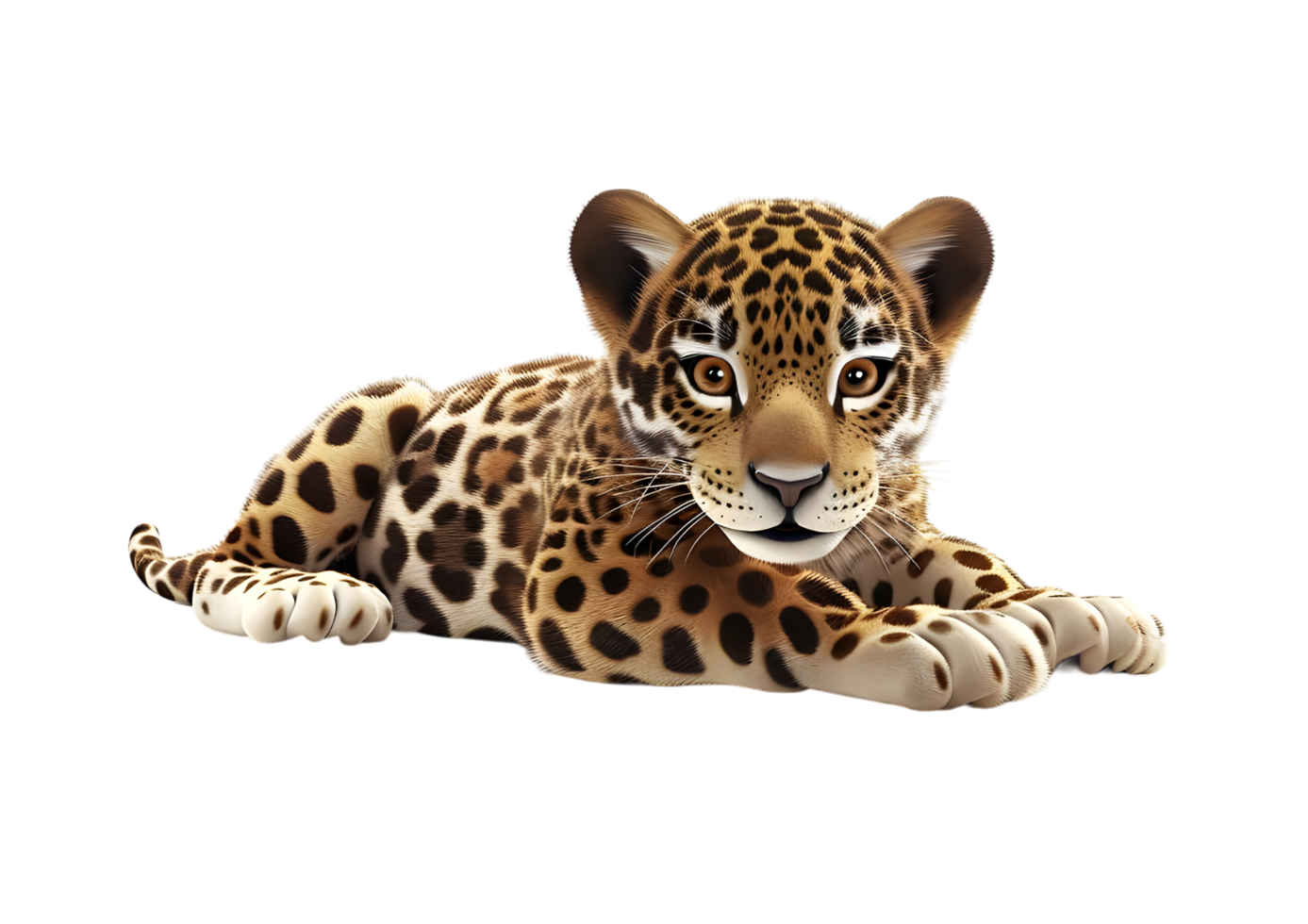 Cute jaguar cub with spots lying down. Isolated on transparent background png
