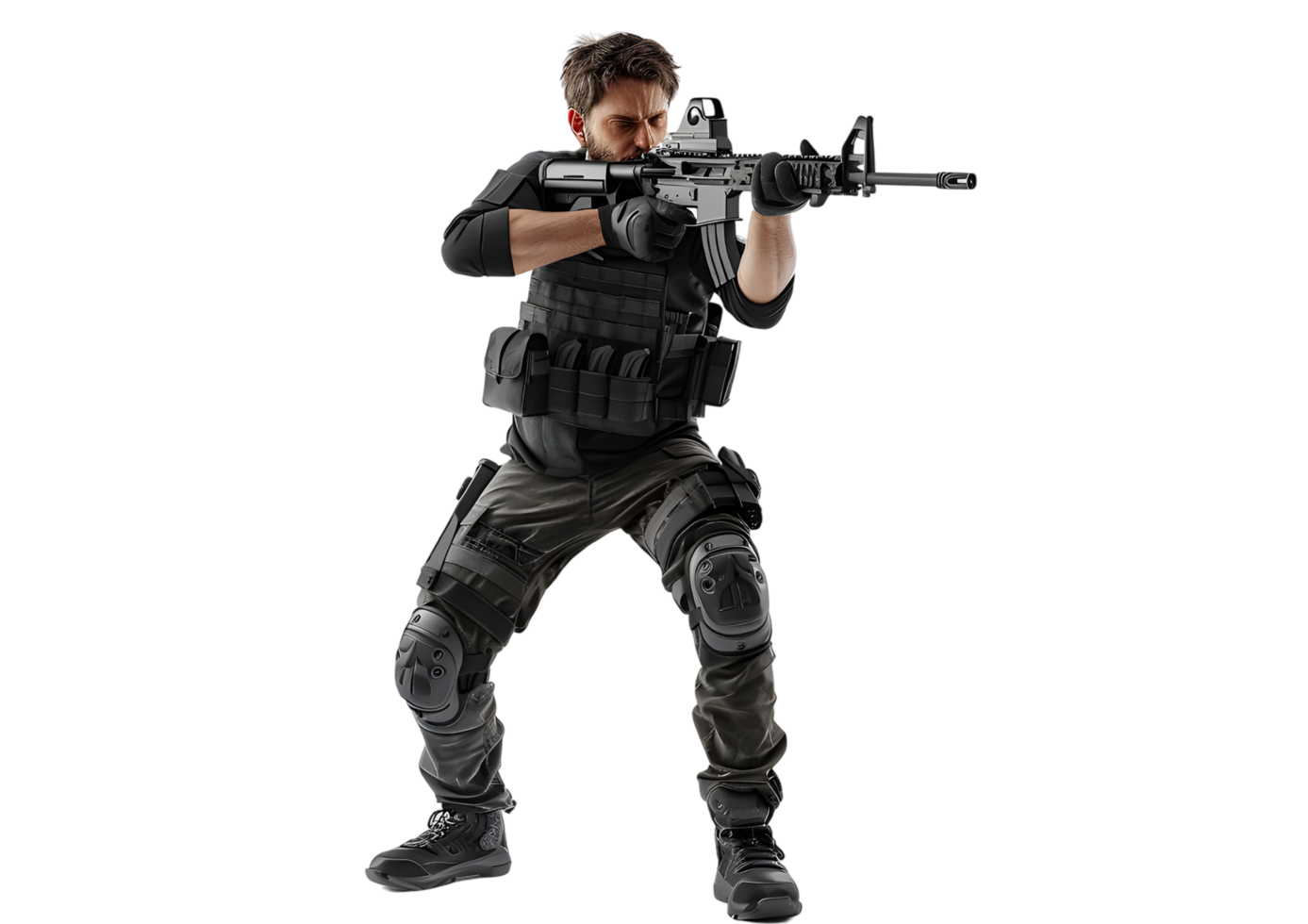 Military soldier aiming with rifle. Isolated on transparent background png