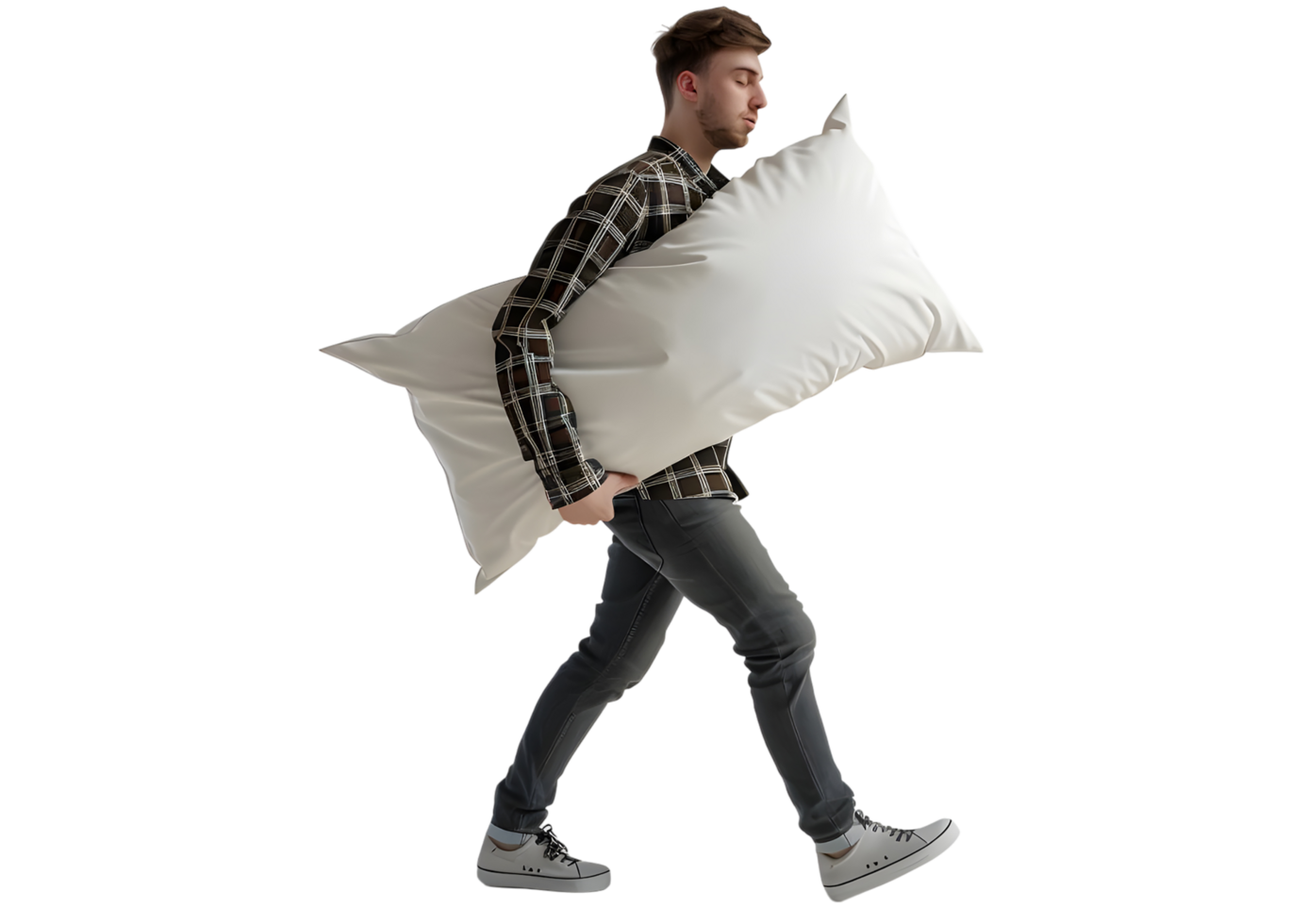 Tired man walking with a pillow. Isolated on transparent background png