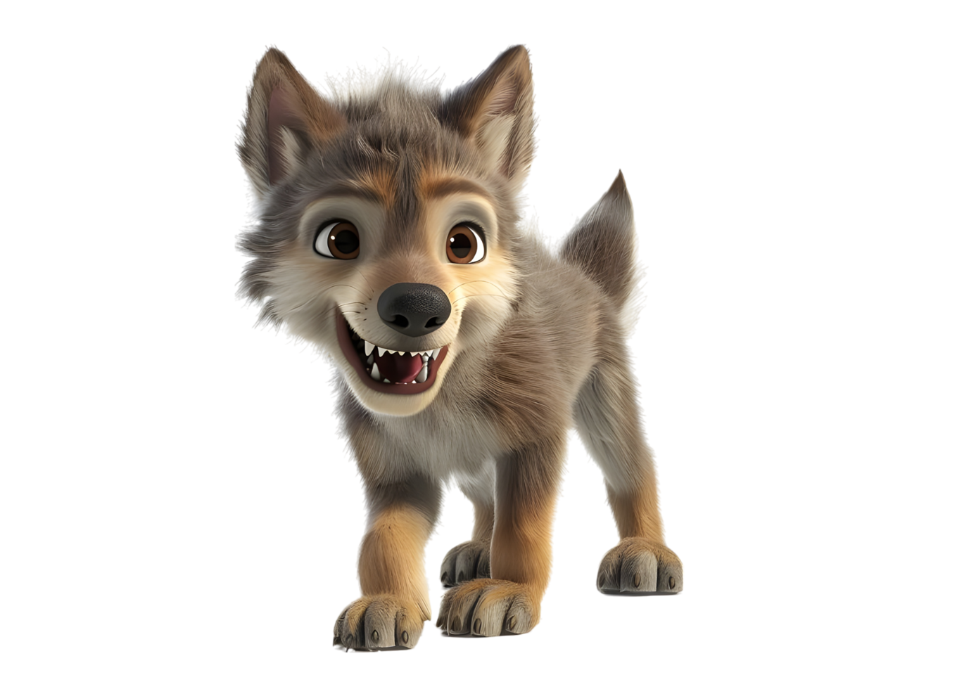 Cute cartoon wolf pup with big smile and brown eyes. Isolated on transparent background png