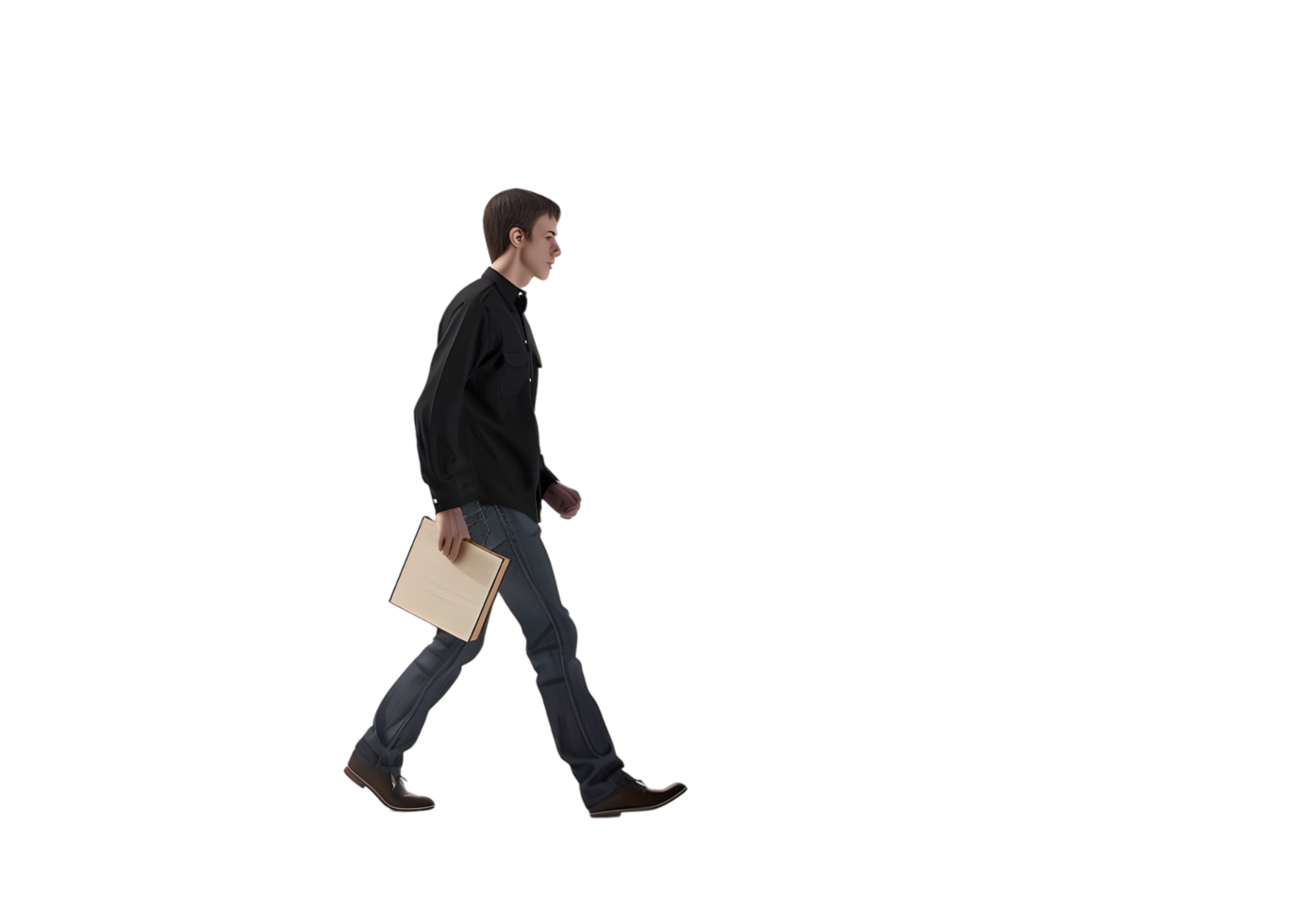 Young man walking with book in hand. Isolated on transparent background png