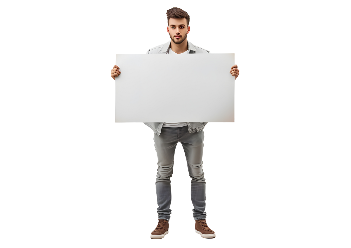 Young man holding blank sign. Isolated on transparent background png