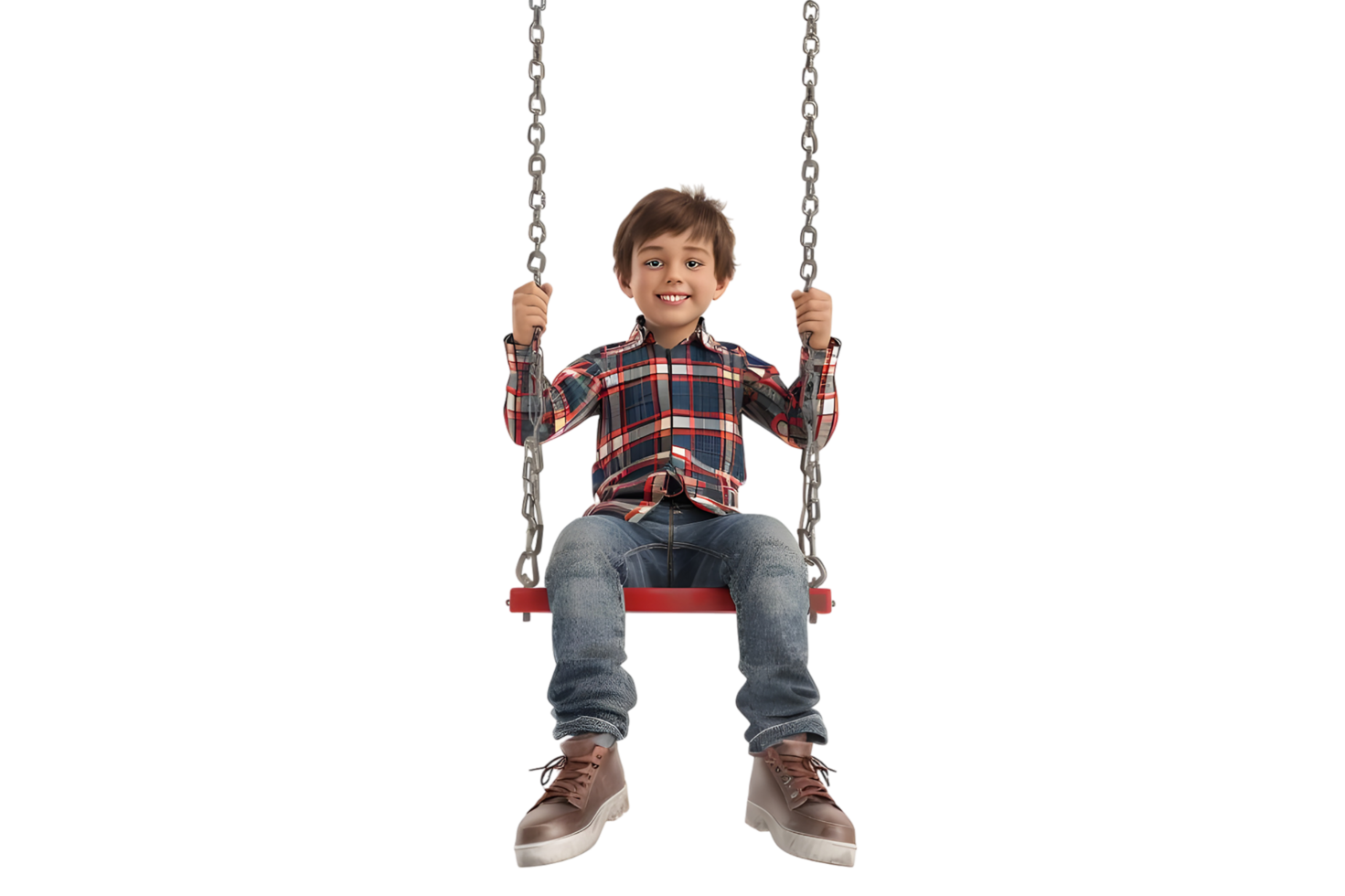 Young boy smiling and swinging on a swing. Isolated on transparent background png