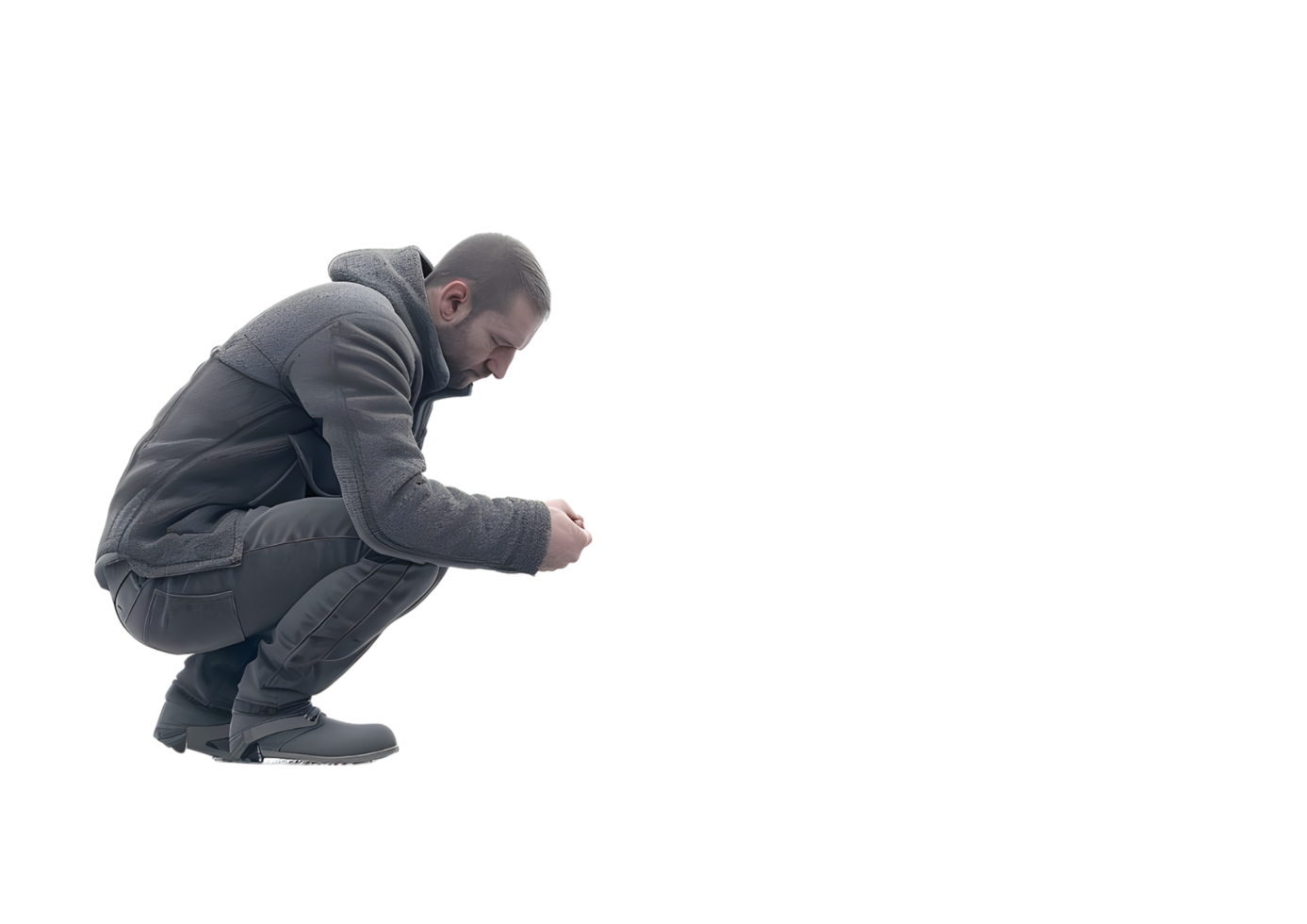 A man is squatting down, looking at something. Isolated on transparent background png