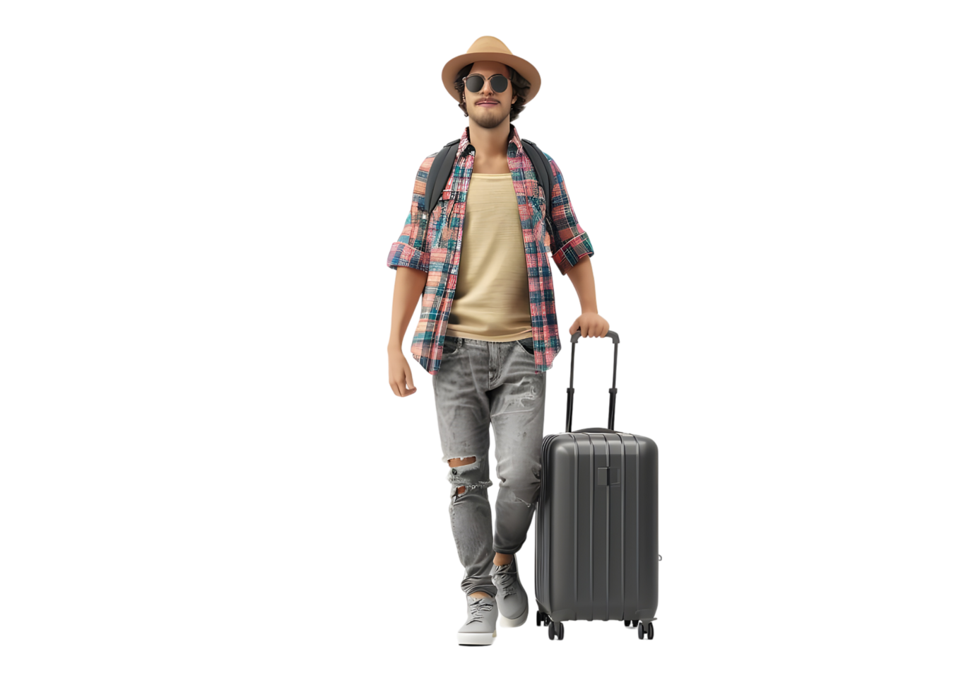 Young man with a suitcase ready for a vacation. Isolated on transparent background png