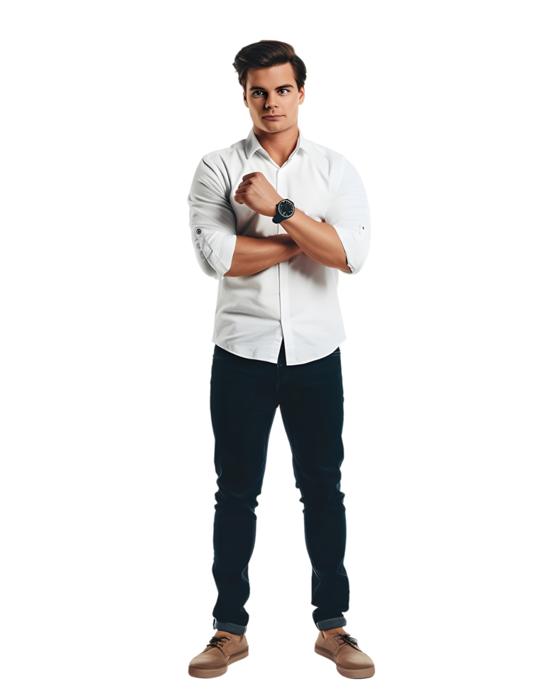 Confident Young Man Standing With Arms Crossed. Isolated on transparent background png