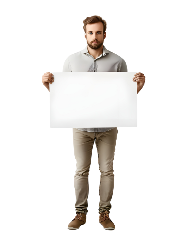 Man Holding Blank Sign. Isolated on transparent background png