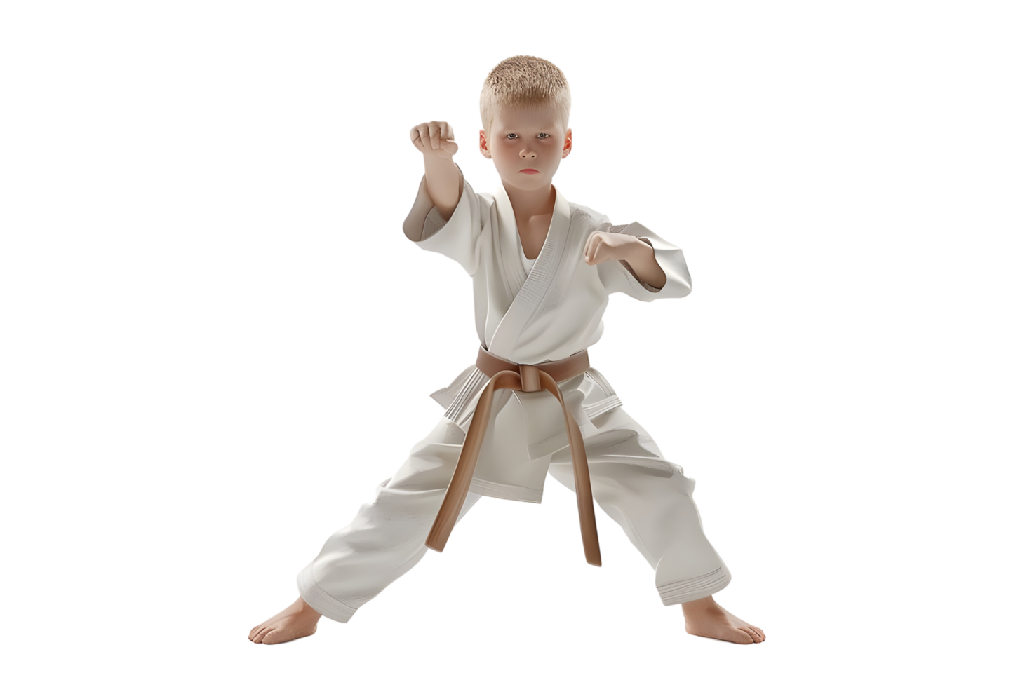 Young boy in karate uniform, practicing martial arts. Isolated on transparent background png