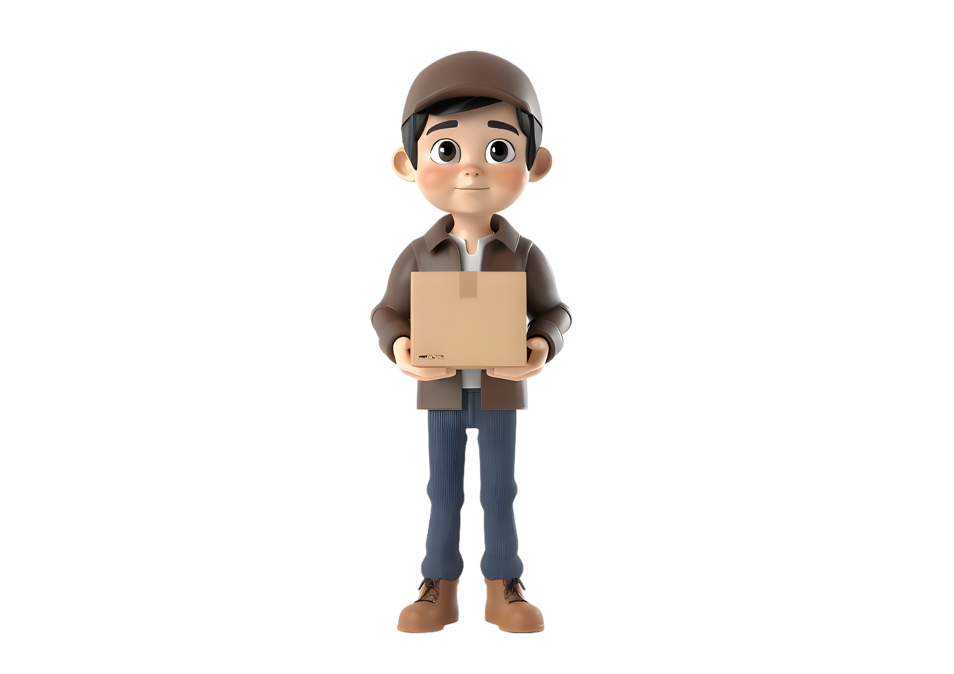 Cartoon delivery boy with a package. Isolated on transparent background png