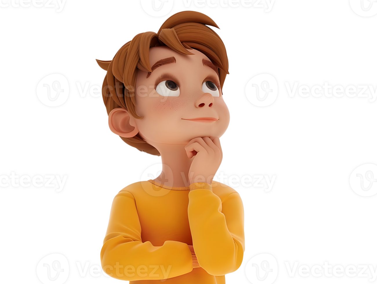Thoughtful Cartoon Boy Looking Up. Isolated on transparent background png