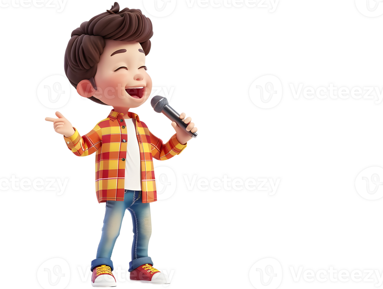 Happy cartoon boy singing into a microphone. Isolated on transparent background png