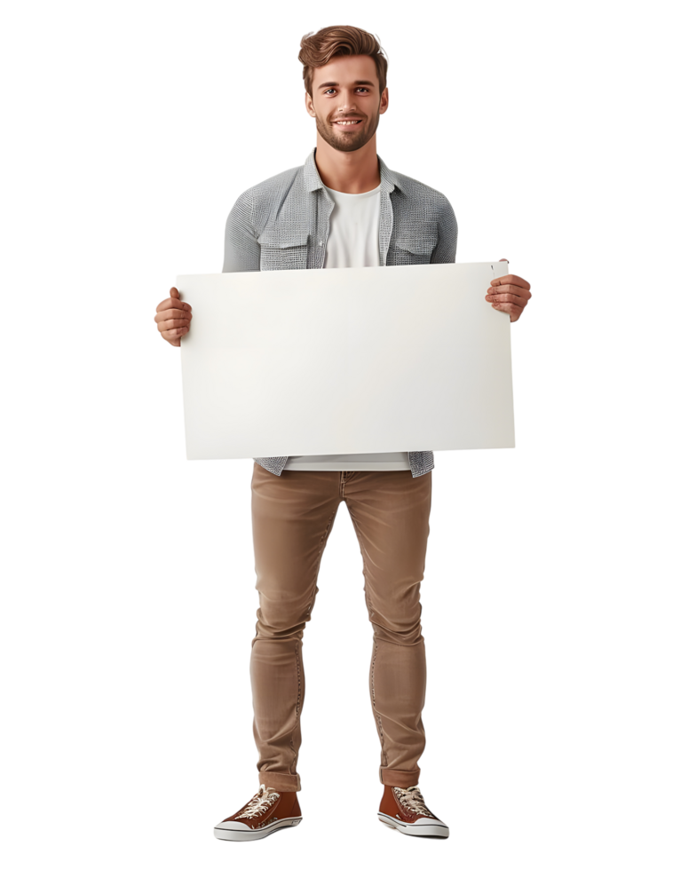 Smiling man holding a blank sign. Isolated on transparent background png
