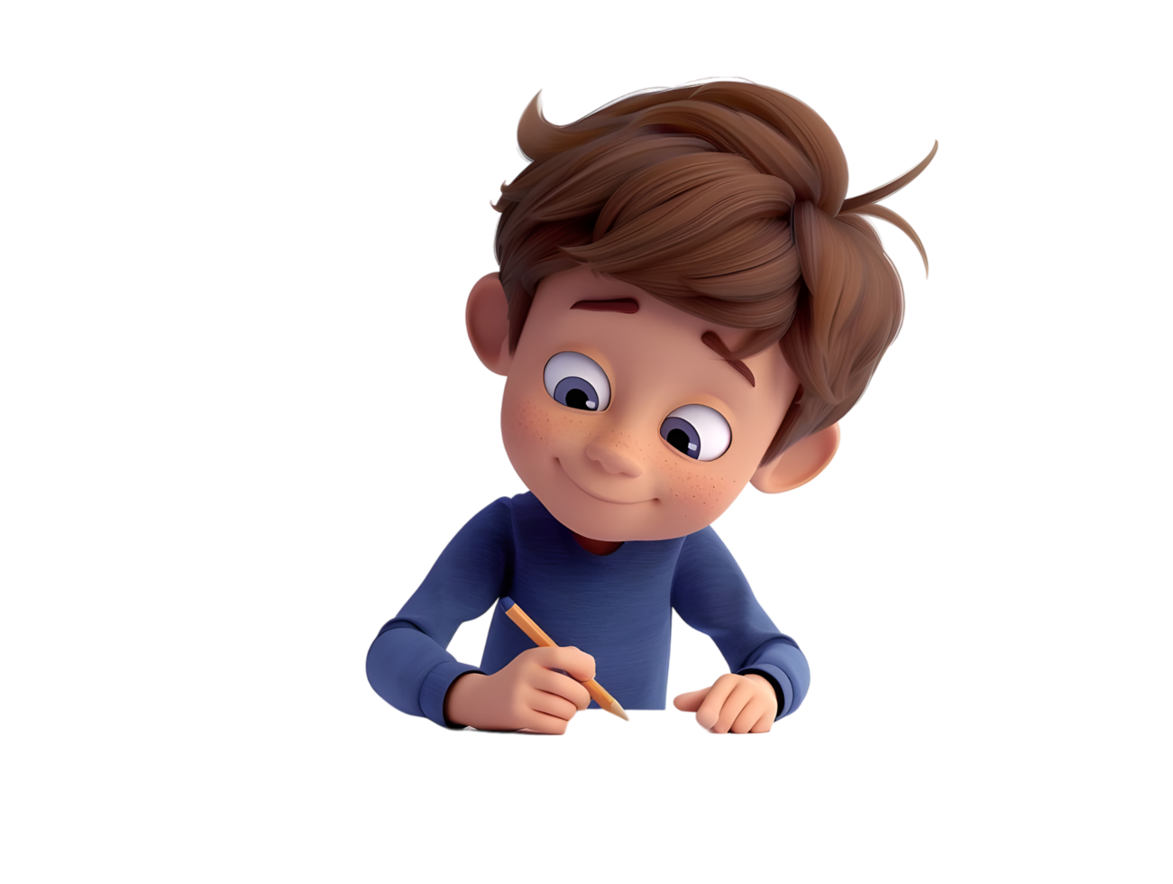 Happy Boy Writing with Pencil. Isolated on transparent background png