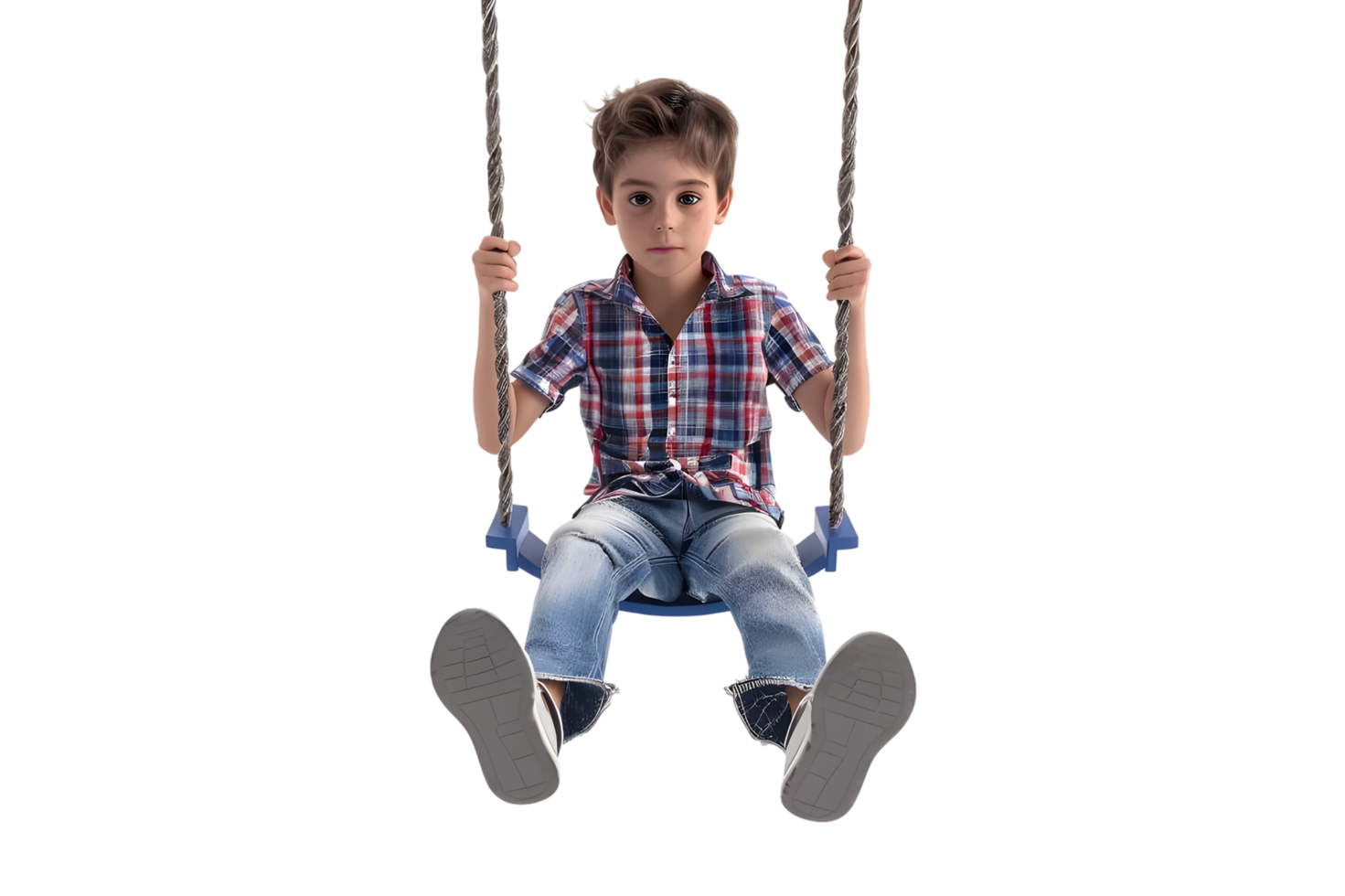 Boy Sitting on Swing Looking at Camera. Isolated on transparent background png