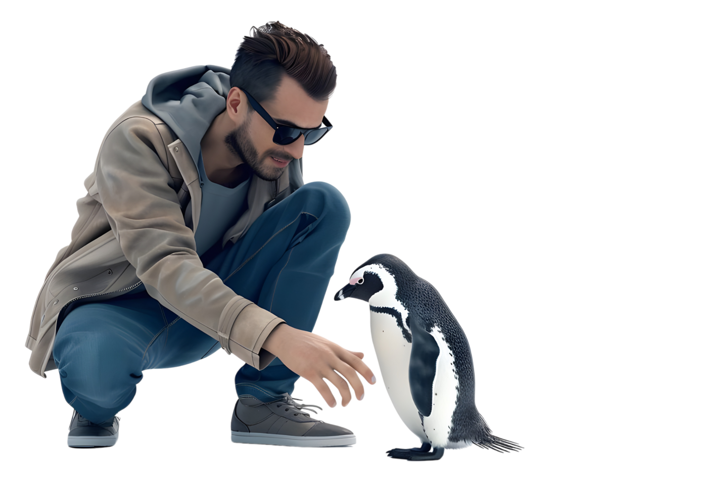Man interacting with a penguin. Isolated on transparent background png
