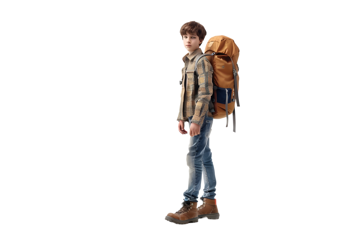 Young boy ready for adventure with backpack. Isolated on transparent background png