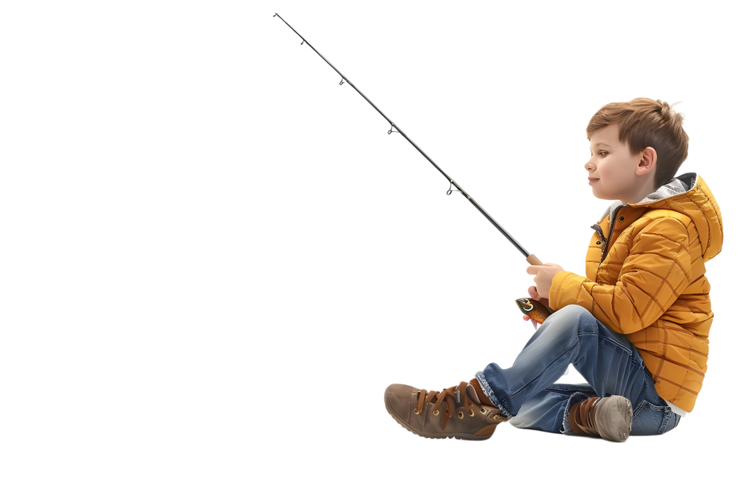 Little boy fishing with a rod. Isolated on transparent background png