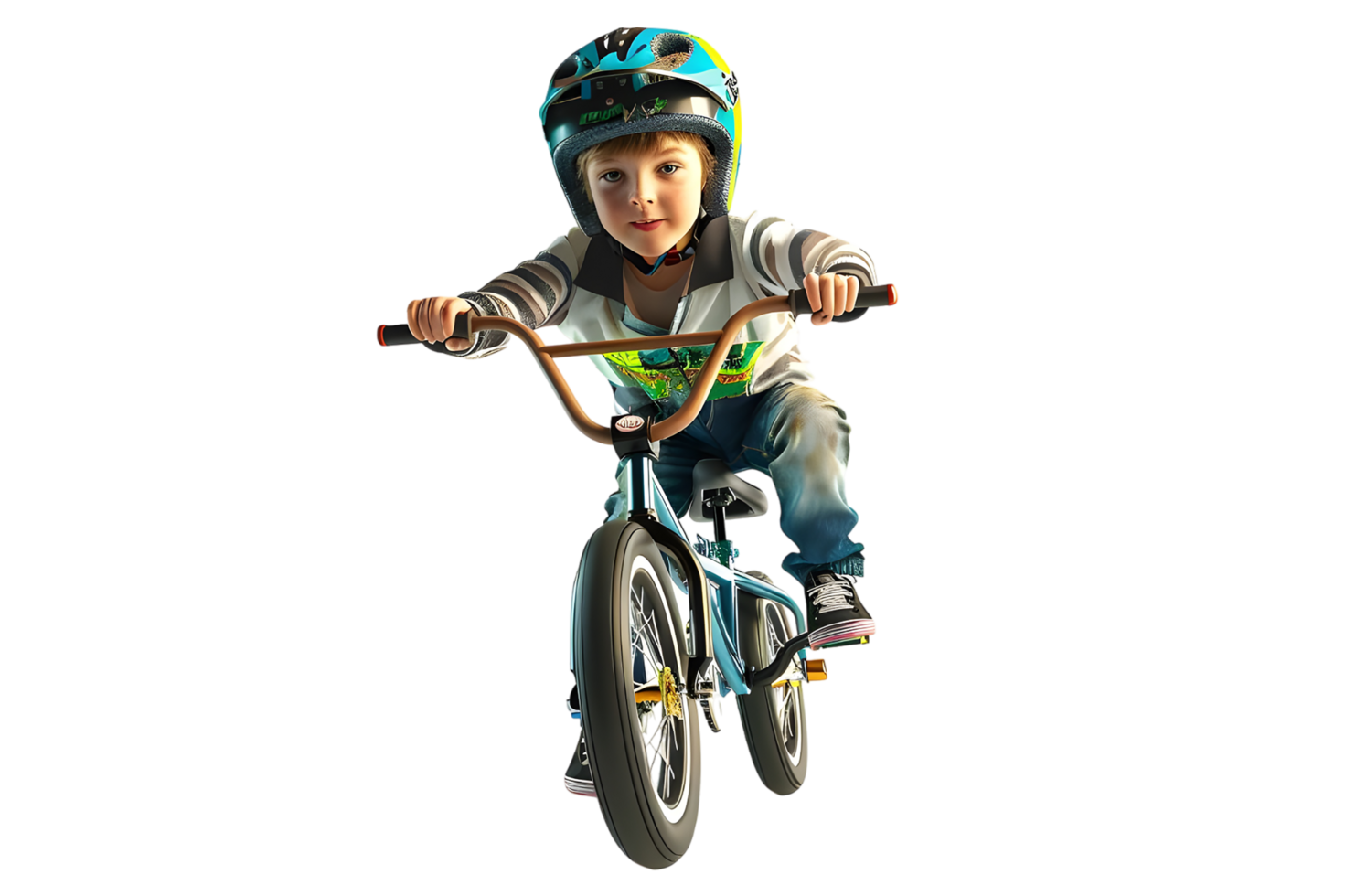 Happy young boy wearing a helmet riding a BMX bike. Isolated on transparent background png