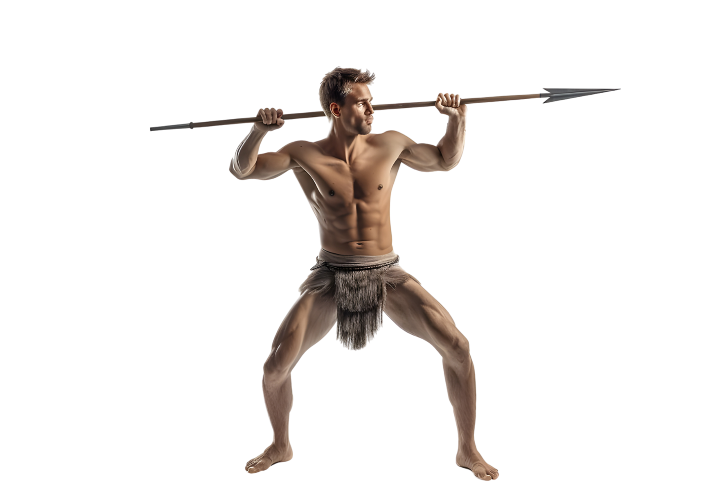 Muscular Man Holding a Spear. Isolated on transparent background png