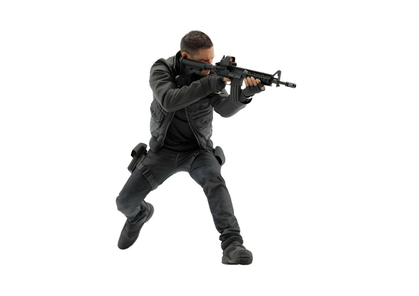 A man holding a rifle with a serious expression. Isolated on transparent background png