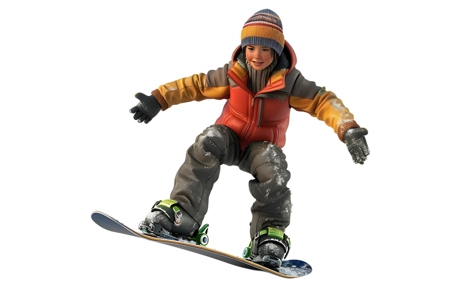 Young boy snowboarding with a smile. Isolated on transparent background png