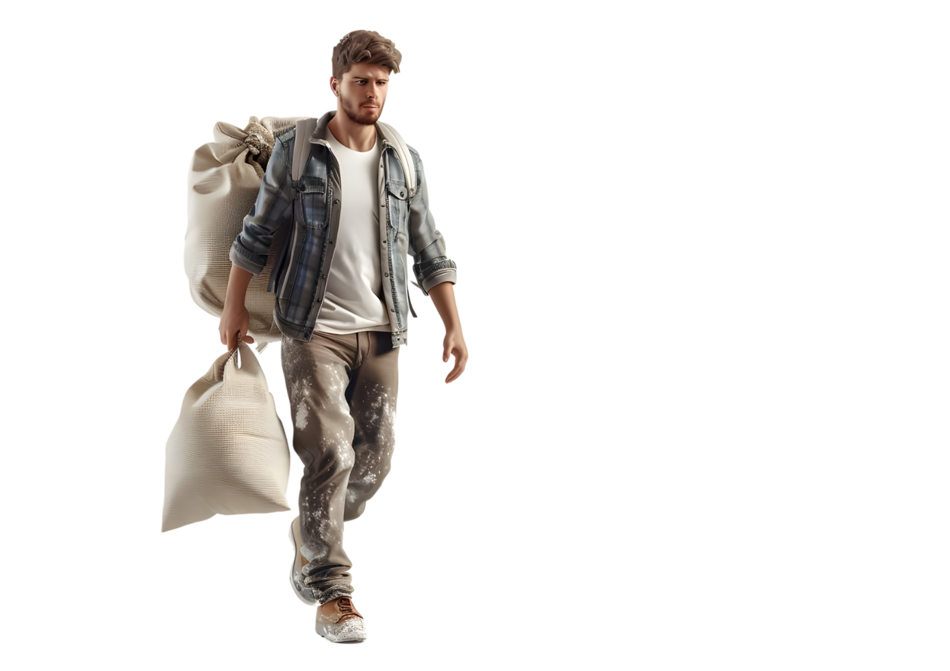 Man carrying heavy bags, walking. Isolated on transparent background png