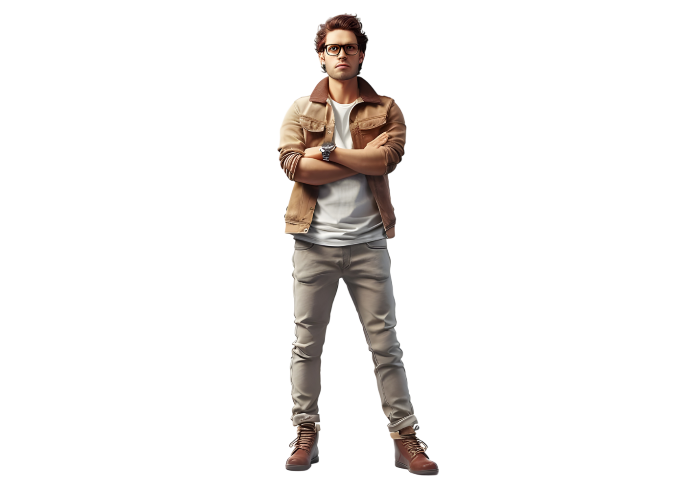 Confident man in casual outfit standing with arms crossed. Isolated on transparent background png